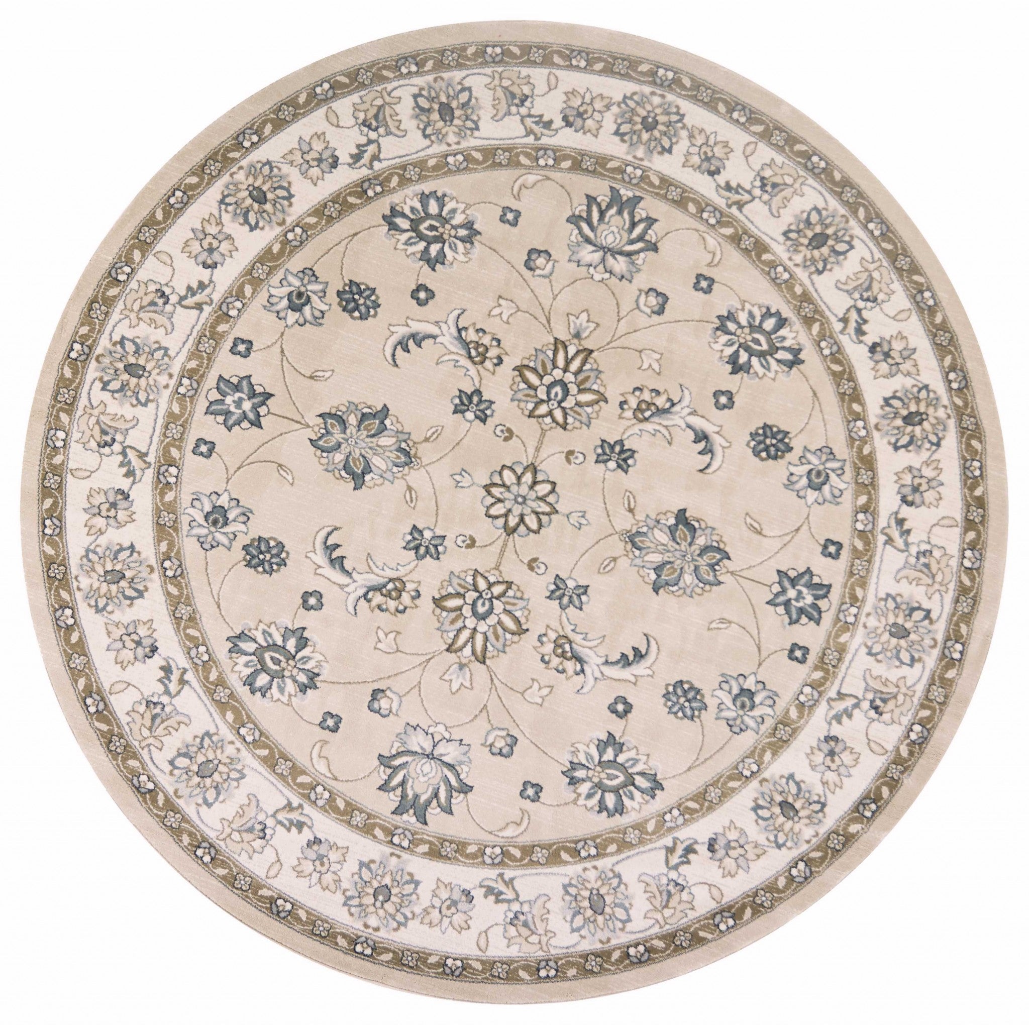 8' Beige And Ivory Floral Medallion Round Rug-Area Rugs-DECOROLALA