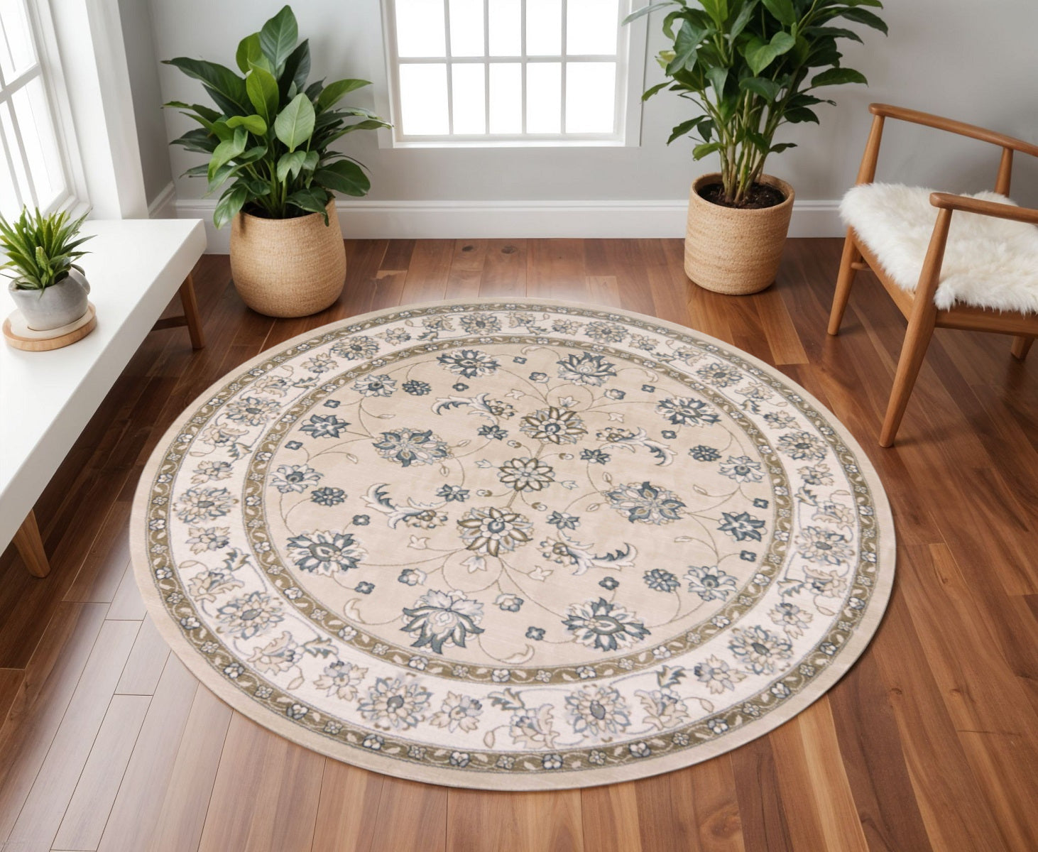 8' Beige And Ivory Floral Medallion Round Rug-Area Rugs-DECOROLALA