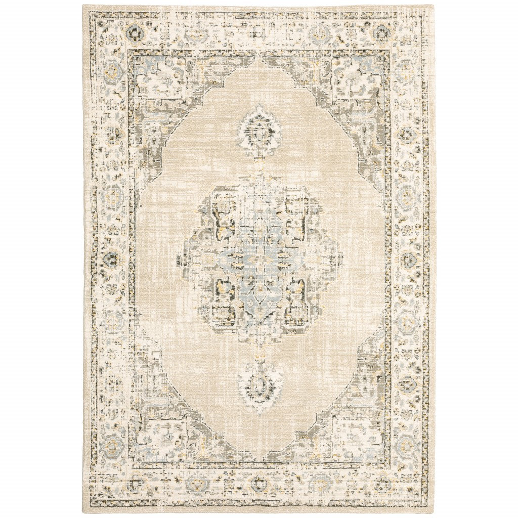 8' Beige And Ivory Medallion Runner Rug-Area Rugs-DECOROLALA