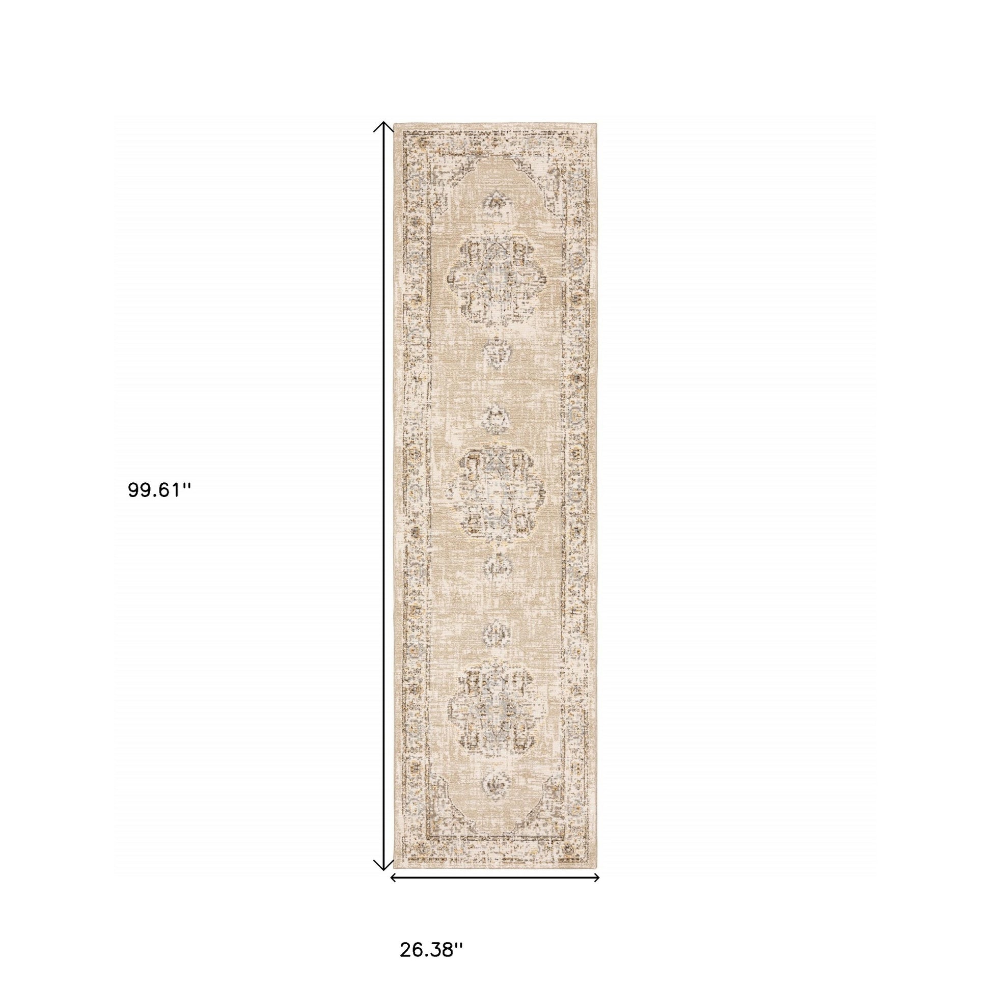 8' Beige And Ivory Medallion Runner Rug-Area Rugs-DECOROLALA