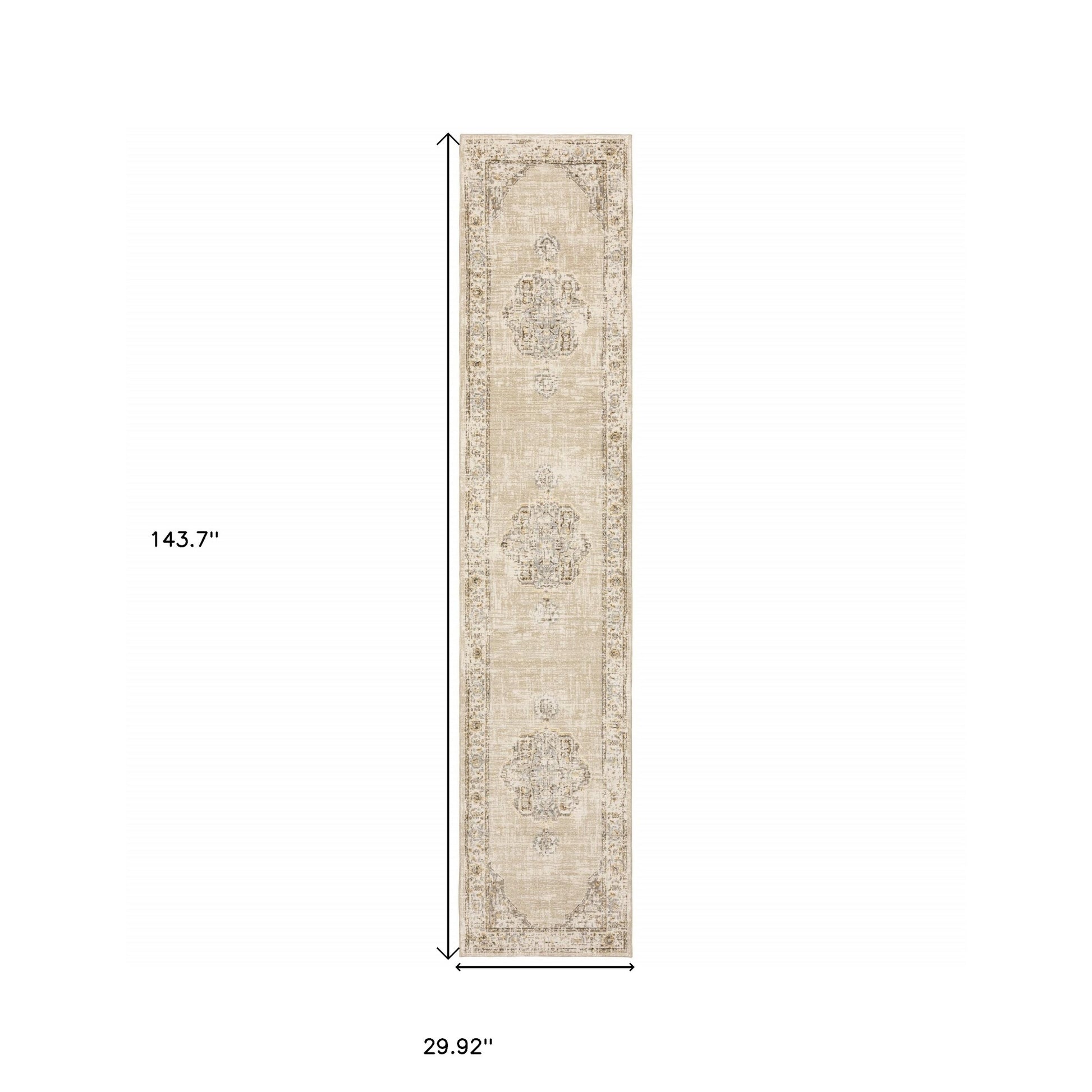 8' Beige And Ivory Medallion Runner Rug-Area Rugs-DECOROLALA