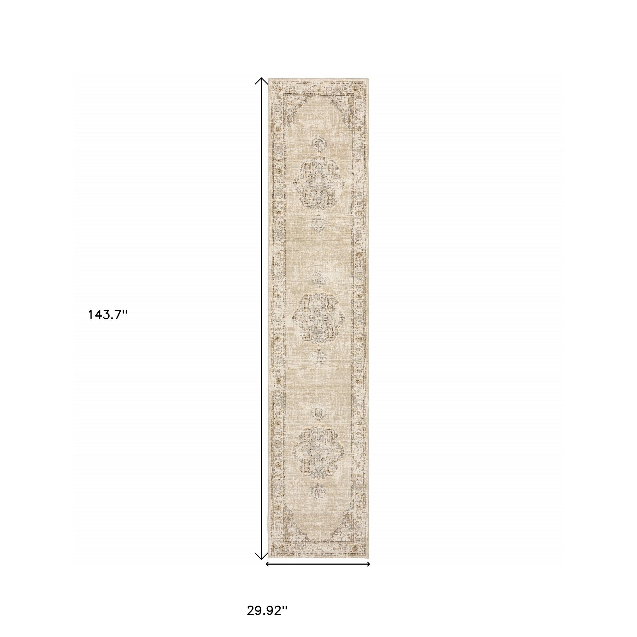 8' Beige And Ivory Medallion Runner Rug-Area Rugs-DECOROLALA