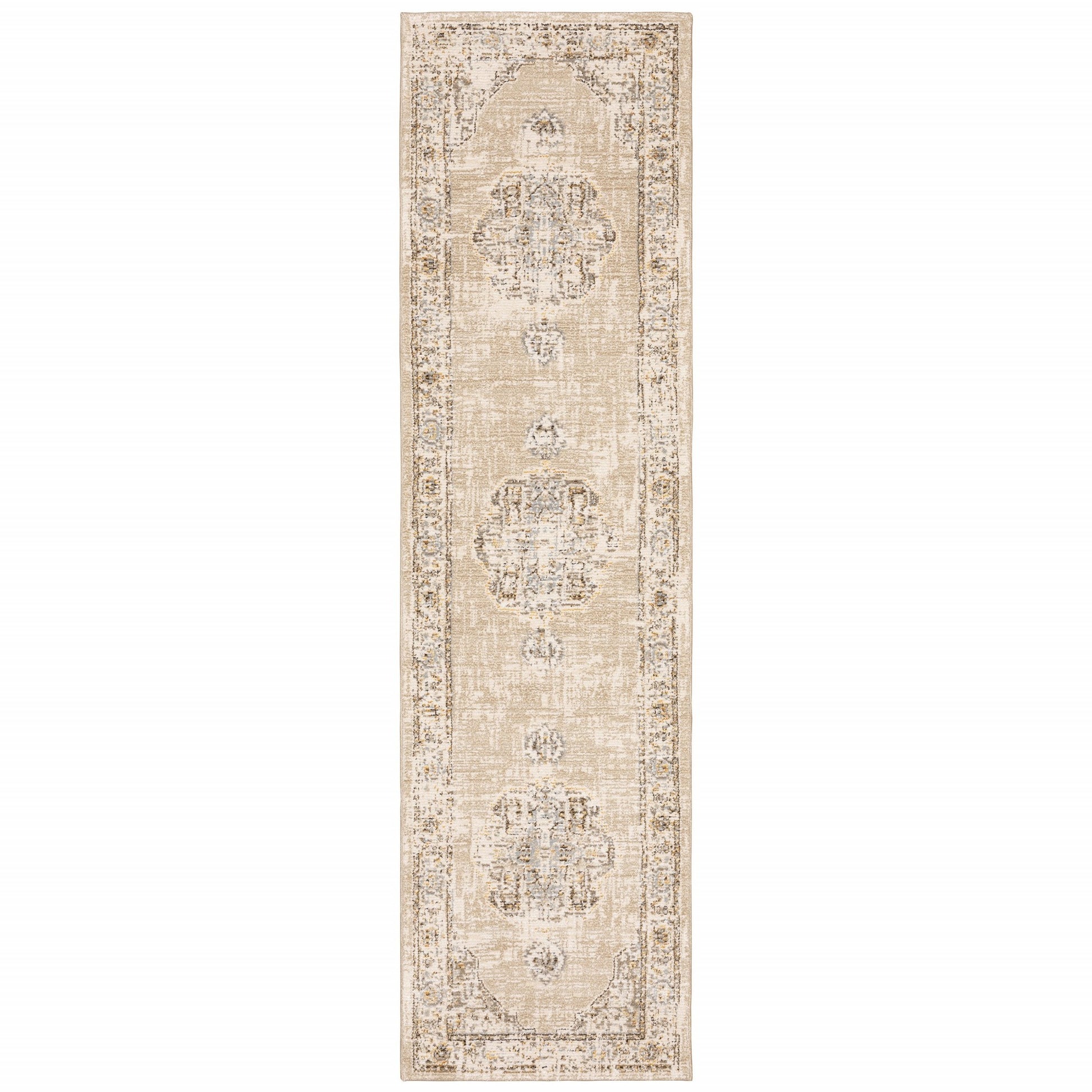 8' Beige And Ivory Medallion Runner Rug-Area Rugs-DECOROLALA