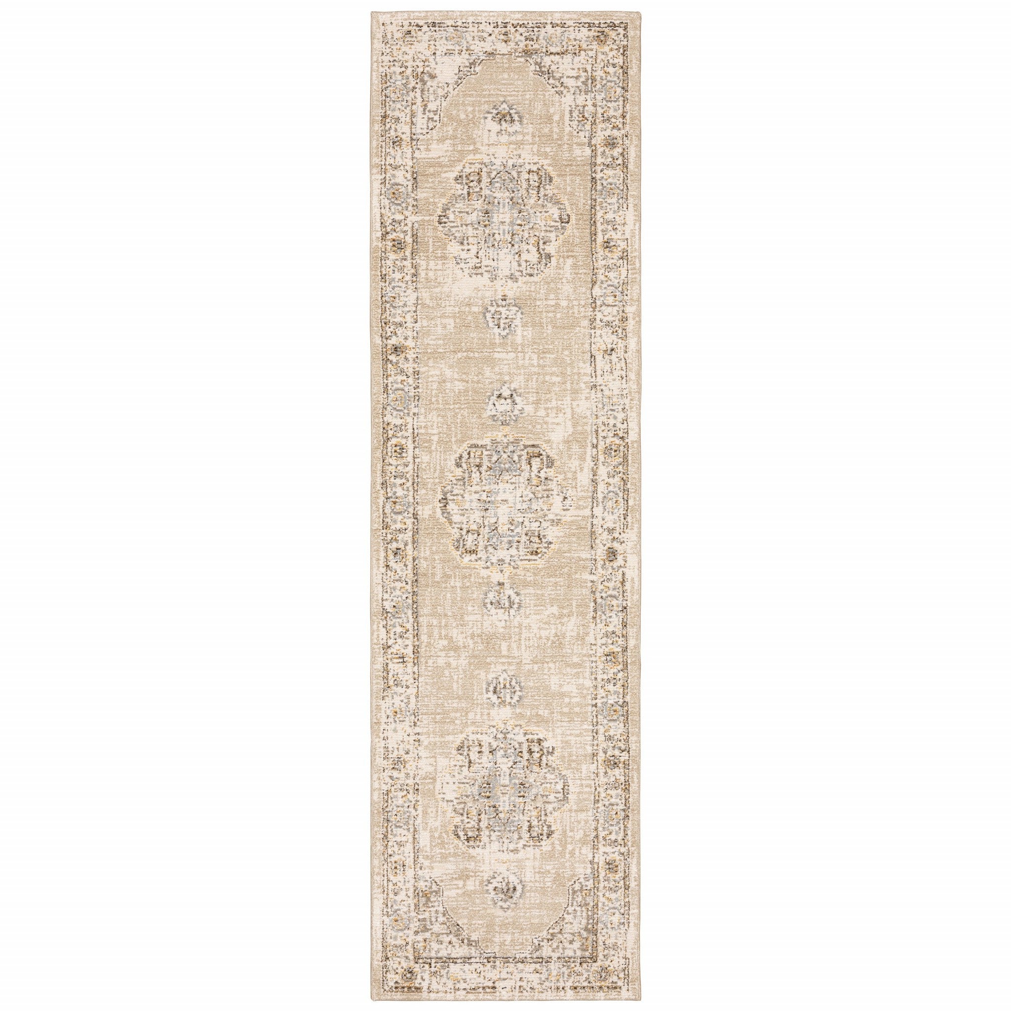 8' Beige And Ivory Medallion Runner Rug-Area Rugs-DECOROLALA