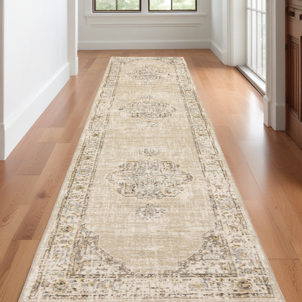 8' Beige And Ivory Medallion Runner Rug-Area Rugs-DECOROLALA