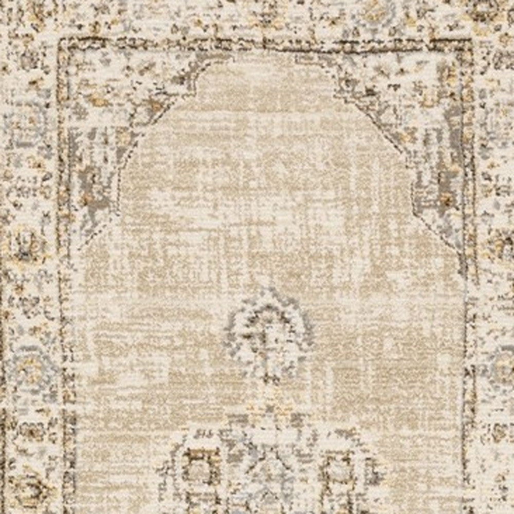 8' Beige And Ivory Medallion Runner Rug-Area Rugs-DECOROLALA