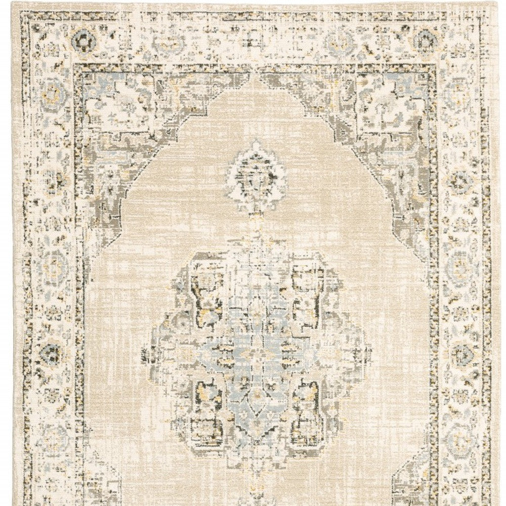 8' Beige And Ivory Medallion Runner Rug-Area Rugs-DECOROLALA