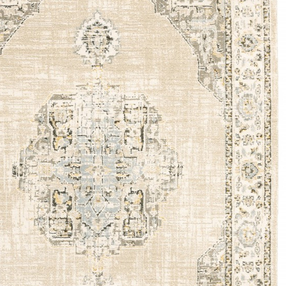 8' Beige And Ivory Medallion Runner Rug-Area Rugs-DECOROLALA