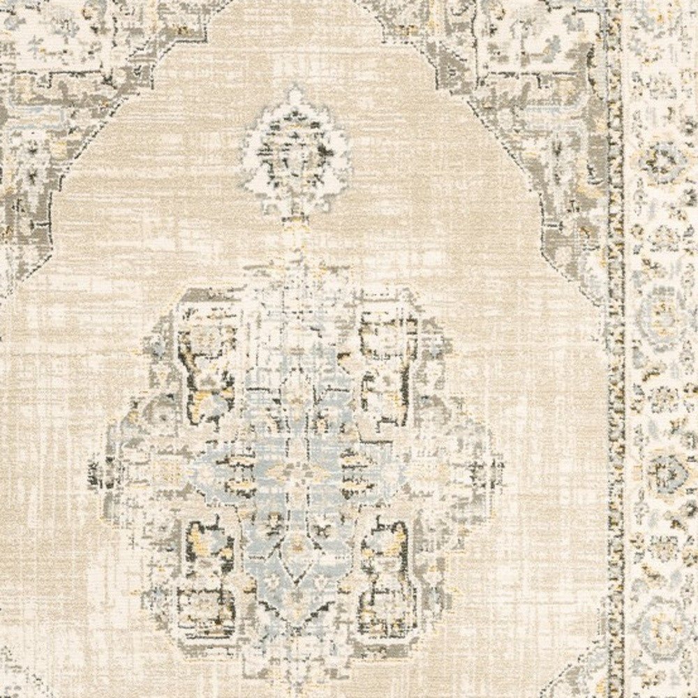8' Beige And Ivory Medallion Runner Rug-Area Rugs-DECOROLALA