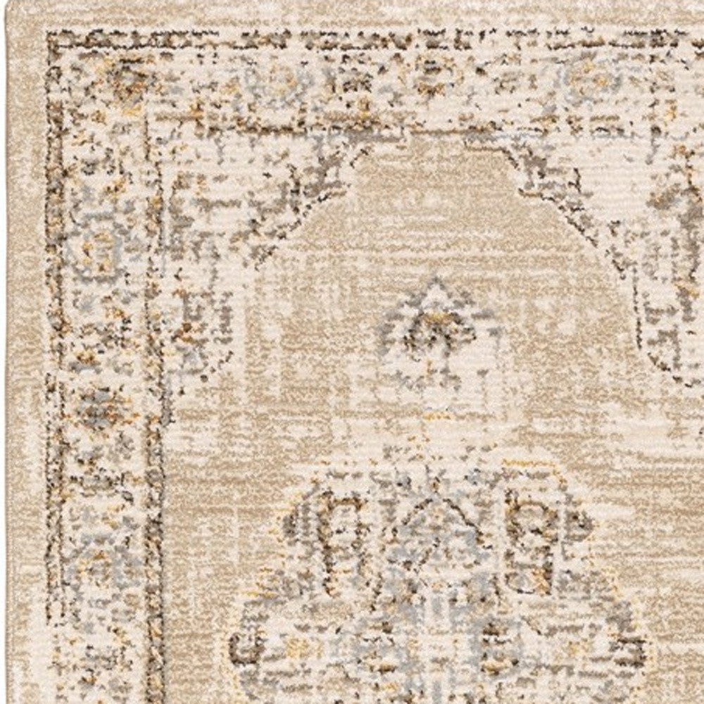 8' Beige And Ivory Medallion Runner Rug-Area Rugs-DECOROLALA
