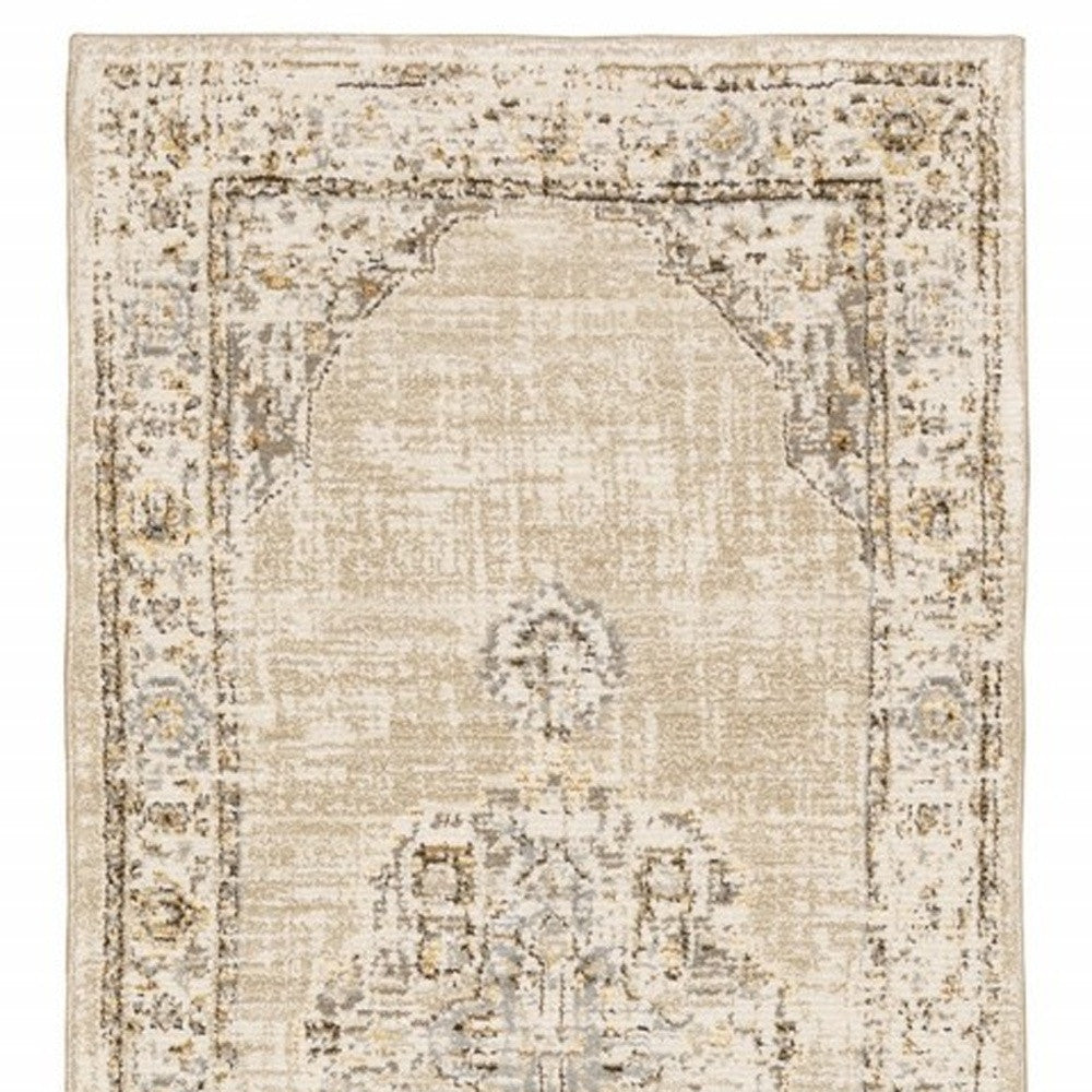 8' Beige And Ivory Medallion Runner Rug-Area Rugs-DECOROLALA
