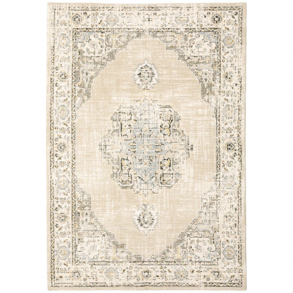 8' Beige And Ivory Medallion Runner Rug-Area Rugs-DECOROLALA