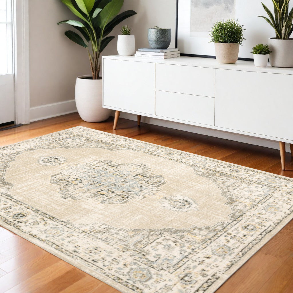 8' Beige And Ivory Medallion Runner Rug-Area Rugs-DECOROLALA