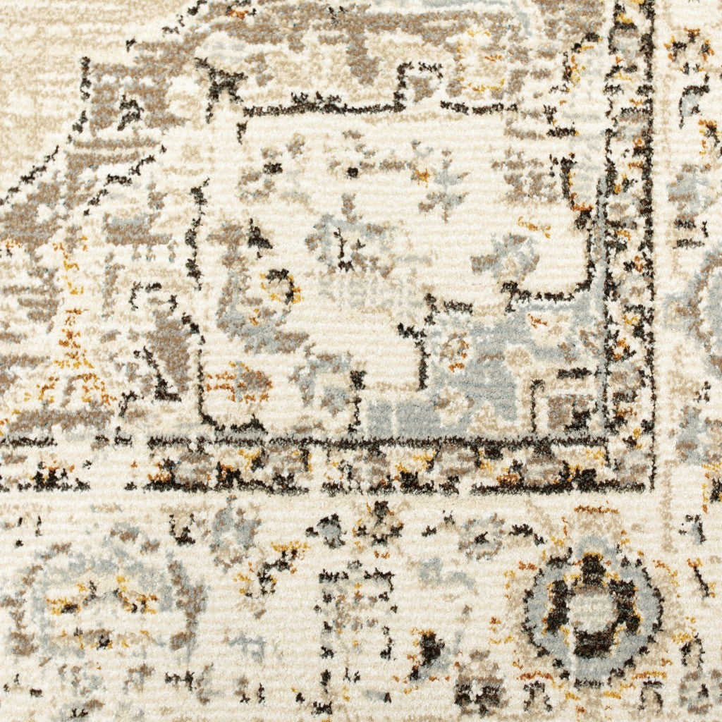 8' Beige And Ivory Medallion Runner Rug-Area Rugs-DECOROLALA