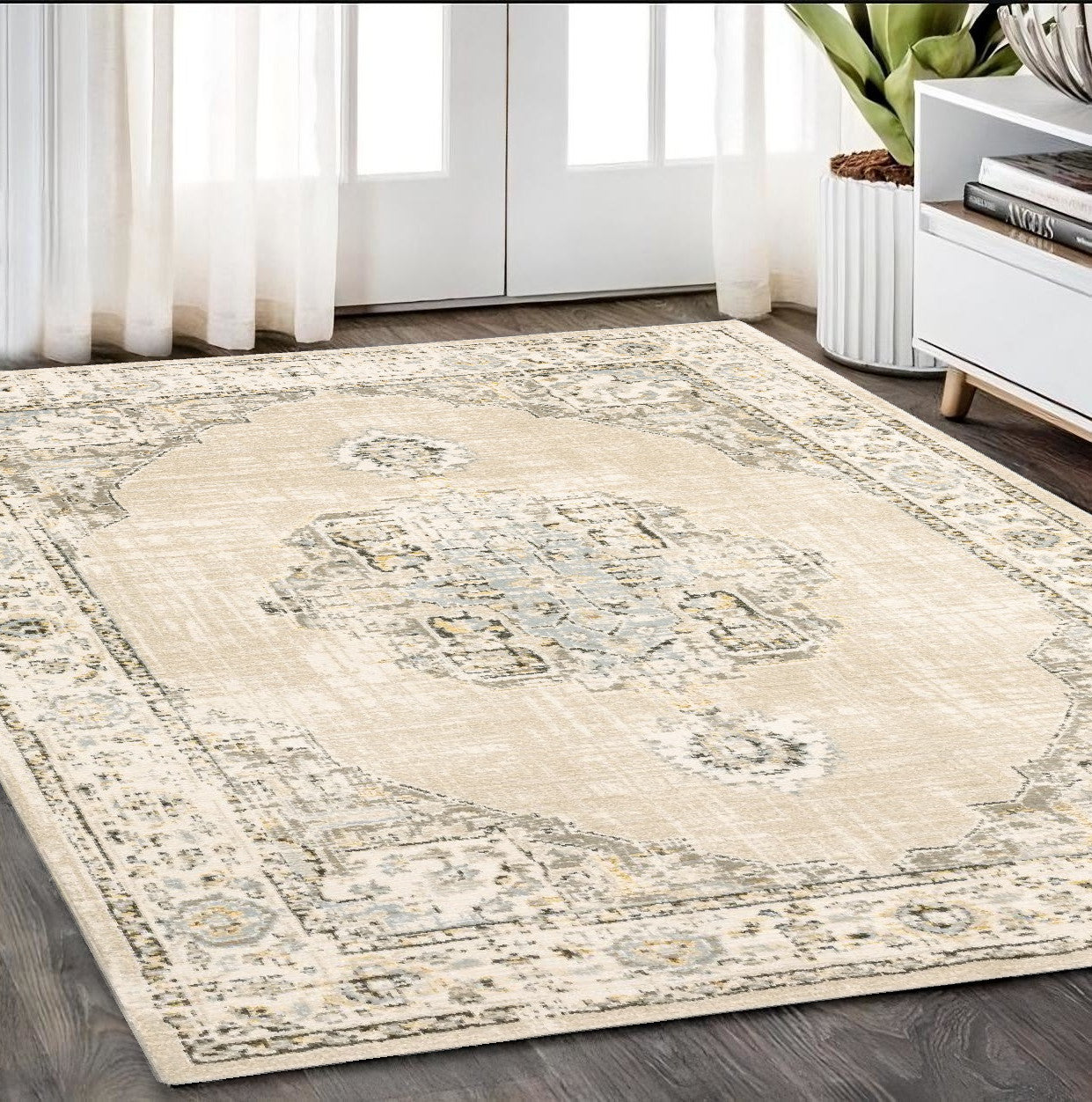 8' Beige And Ivory Medallion Runner Rug-Area Rugs-DECOROLALA