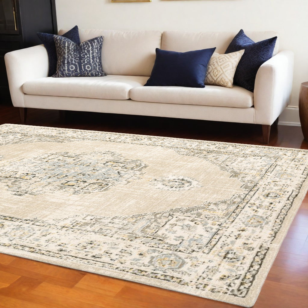 8' Beige And Ivory Medallion Runner Rug-Area Rugs-DECOROLALA