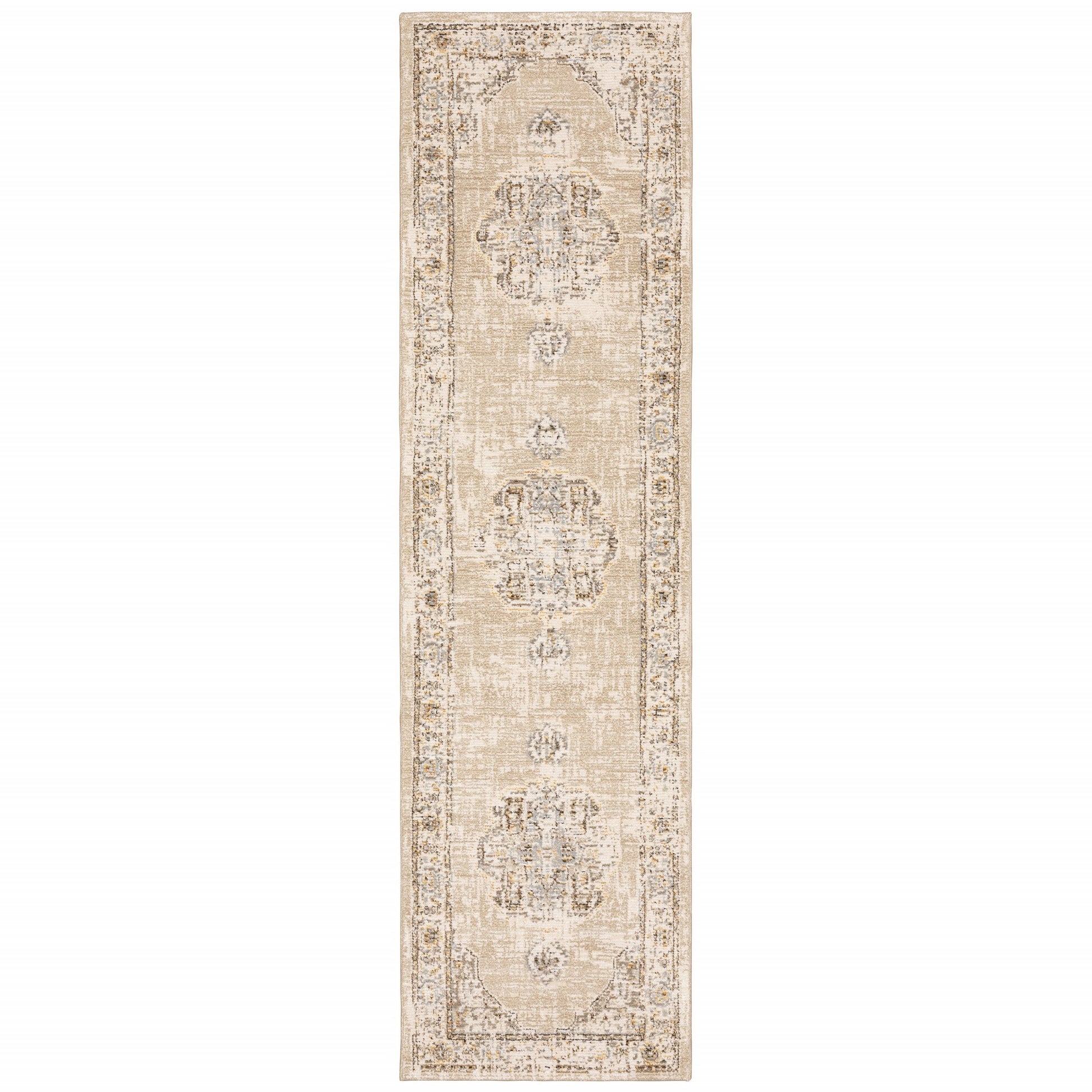 8' Beige And Ivory Medallion Runner Rug-Area Rugs-DECOROLALA