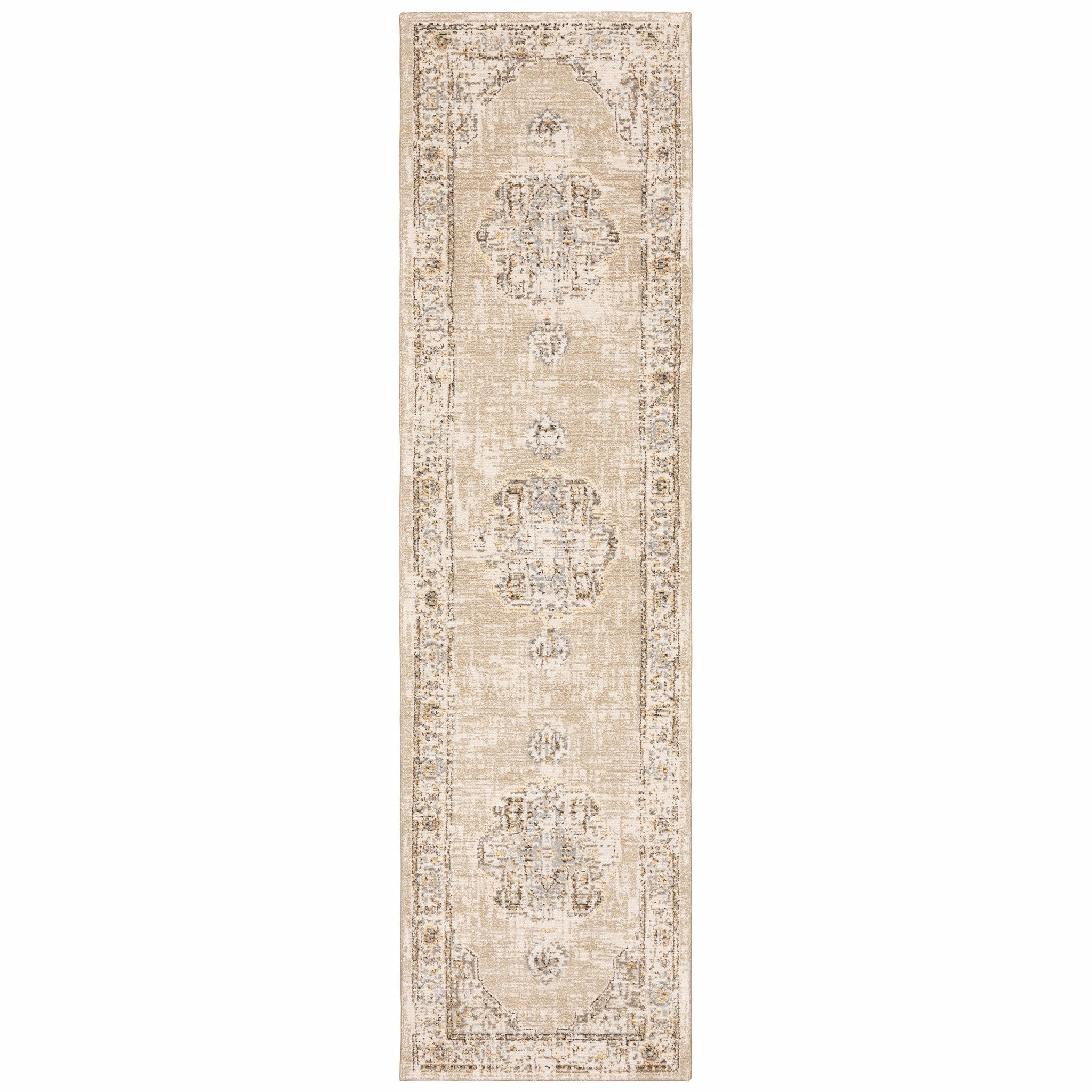 8' Beige And Ivory Medallion Runner Rug-Area Rugs-DECOROLALA