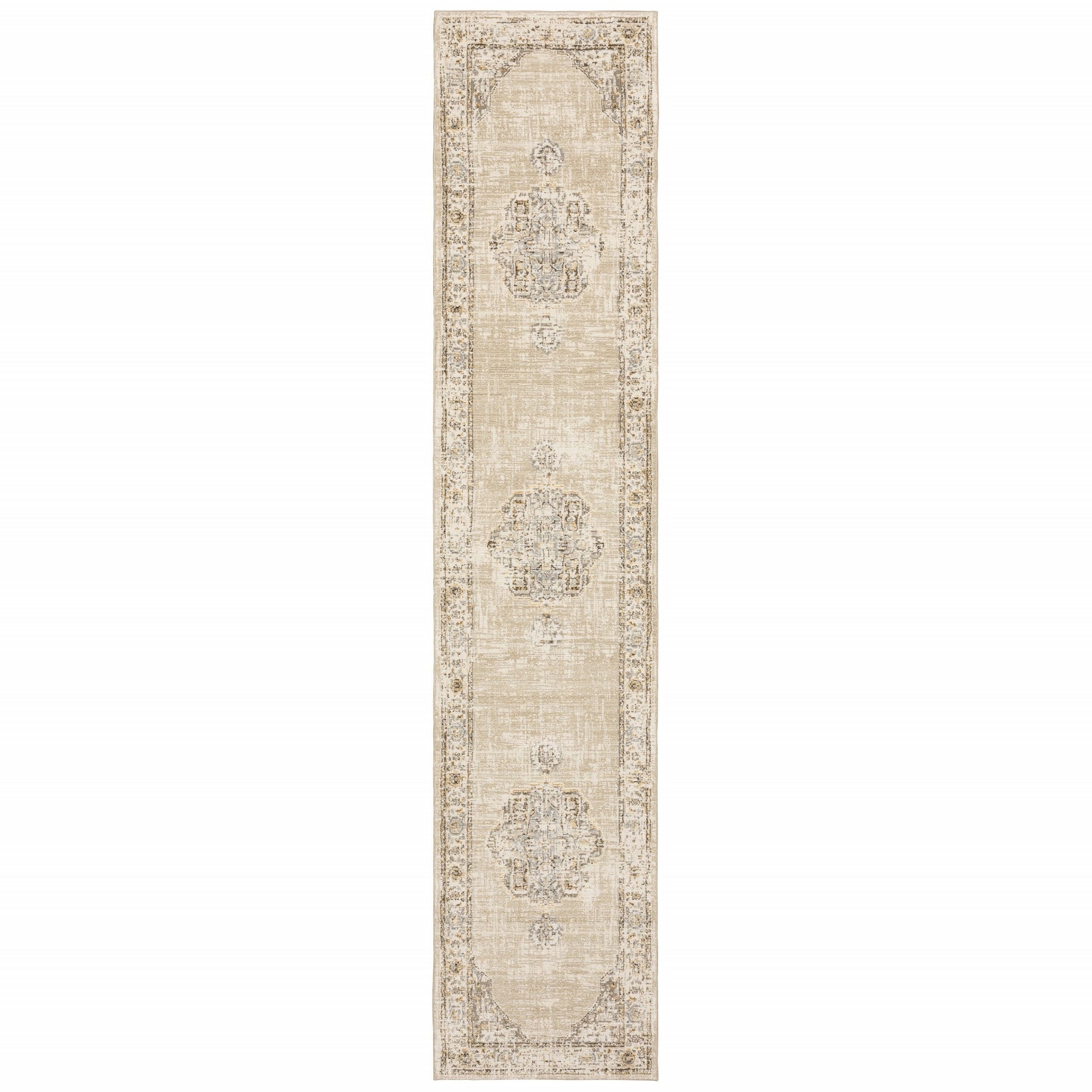 8' Beige And Ivory Medallion Runner Rug-Area Rugs-DECOROLALA