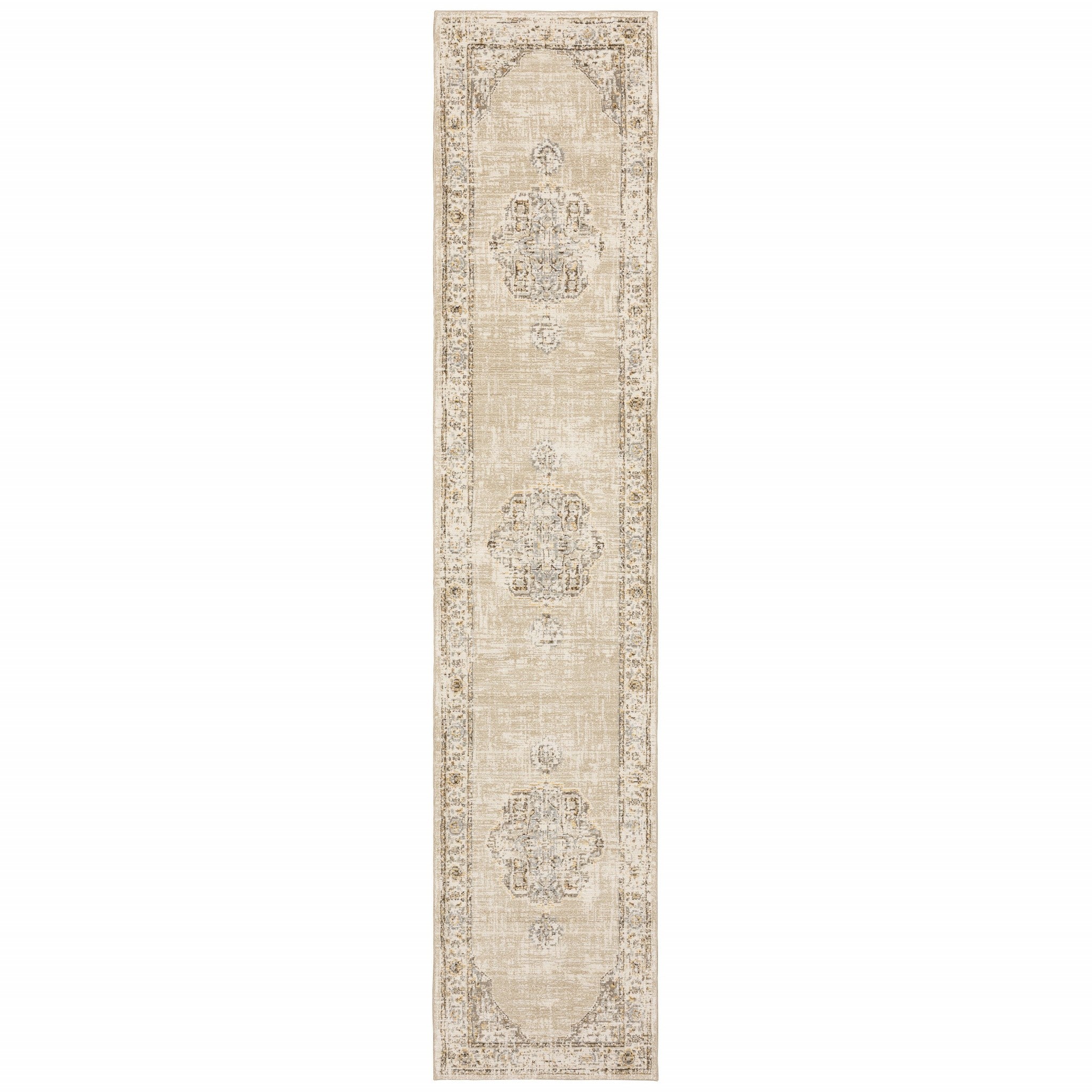 8' Beige And Ivory Medallion Runner Rug-Area Rugs-DECOROLALA