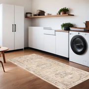 8' Beige And Ivory Medallion Runner Rug-Area Rugs-DECOROLALA