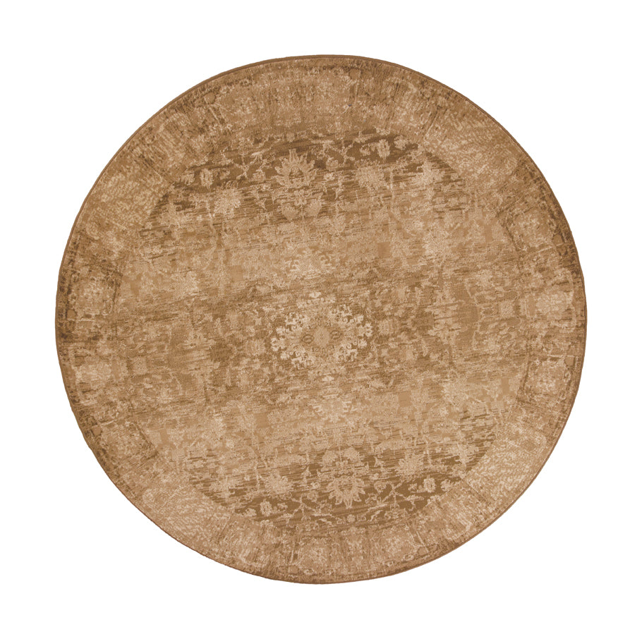 8' Beige And Tan Floral Medallion Distressed Round Rug-Area Rugs-DECOROLALA