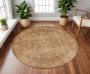 8' Beige And Tan Floral Medallion Distressed Round Rug-Area Rugs-DECOROLALA