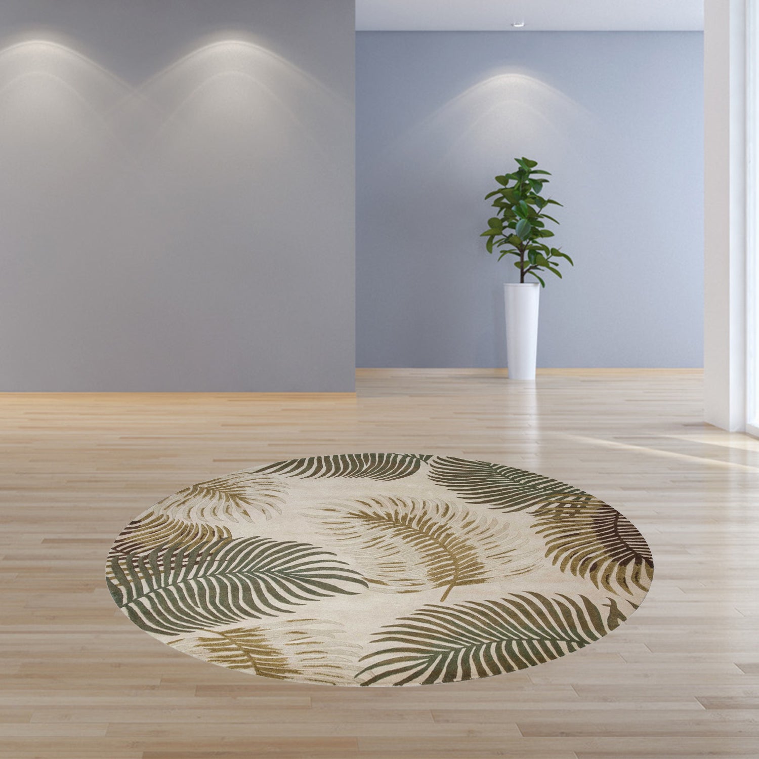 8' Beige Green And Brown Wool Botanical Leaves Hand Tufted Round Rug-Area Rugs-DECOROLALA