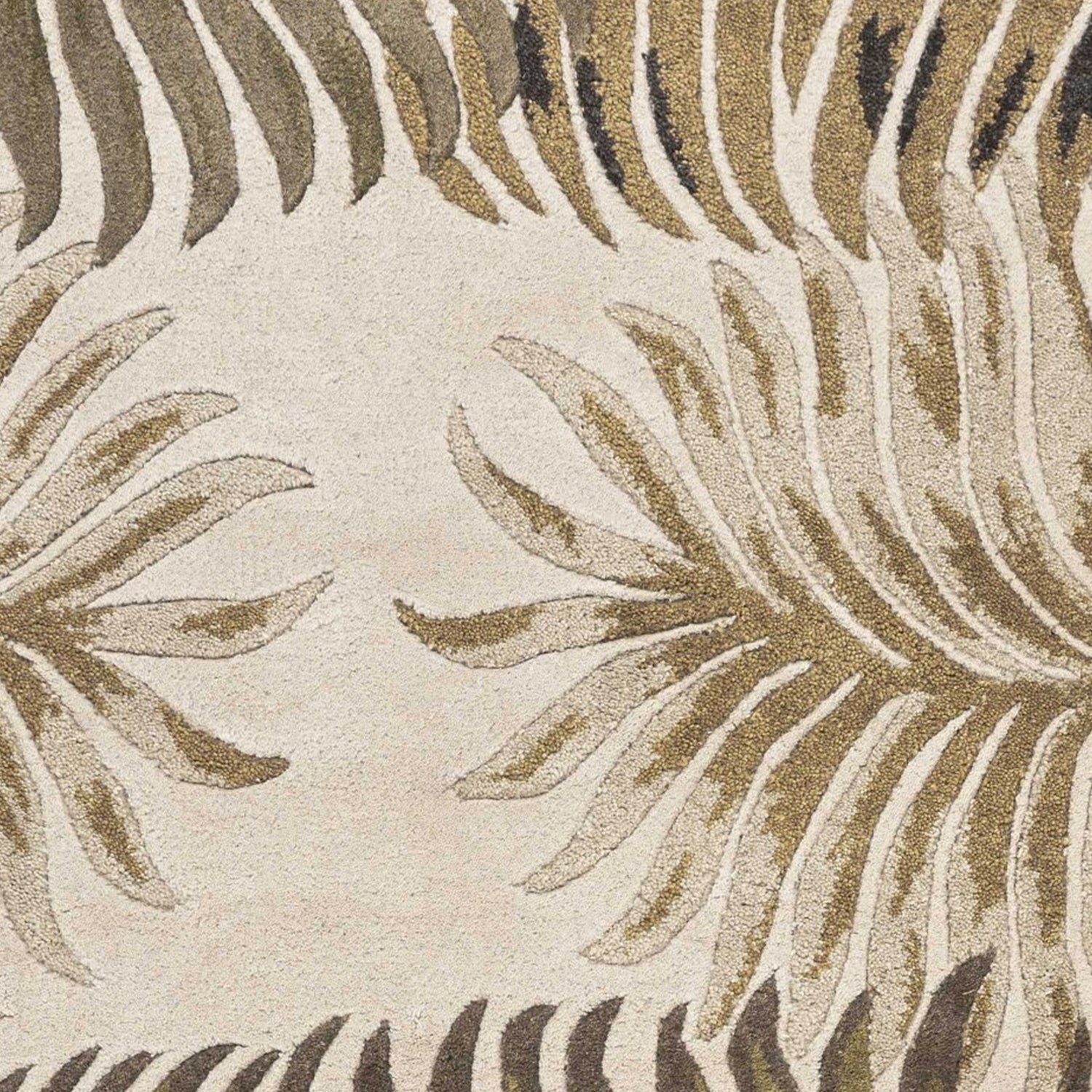 8' Beige Green And Brown Wool Botanical Leaves Hand Tufted Round Rug-Area Rugs-DECOROLALA