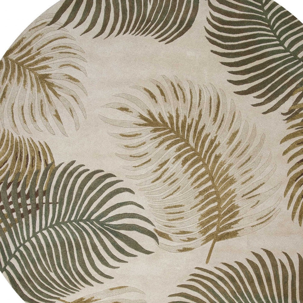 8' Beige Green And Brown Wool Botanical Leaves Hand Tufted Round Rug-Area Rugs-DECOROLALA