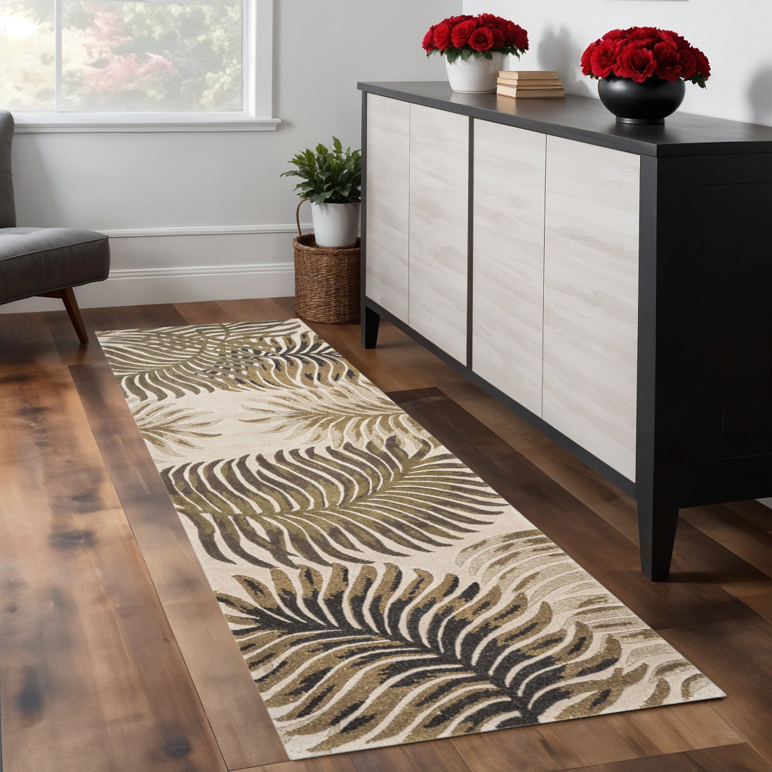 8' Beige Green And Brown Wool Botanical Leaves Hand Tufted Round Rug-Area Rugs-DECOROLALA