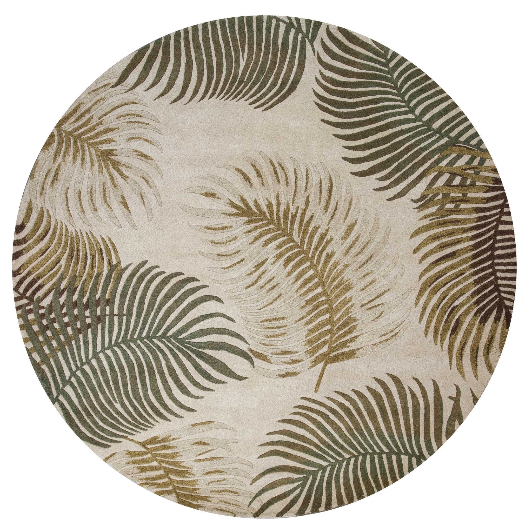 8' Beige Green And Brown Wool Botanical Leaves Hand Tufted Round Rug-Area Rugs-DECOROLALA