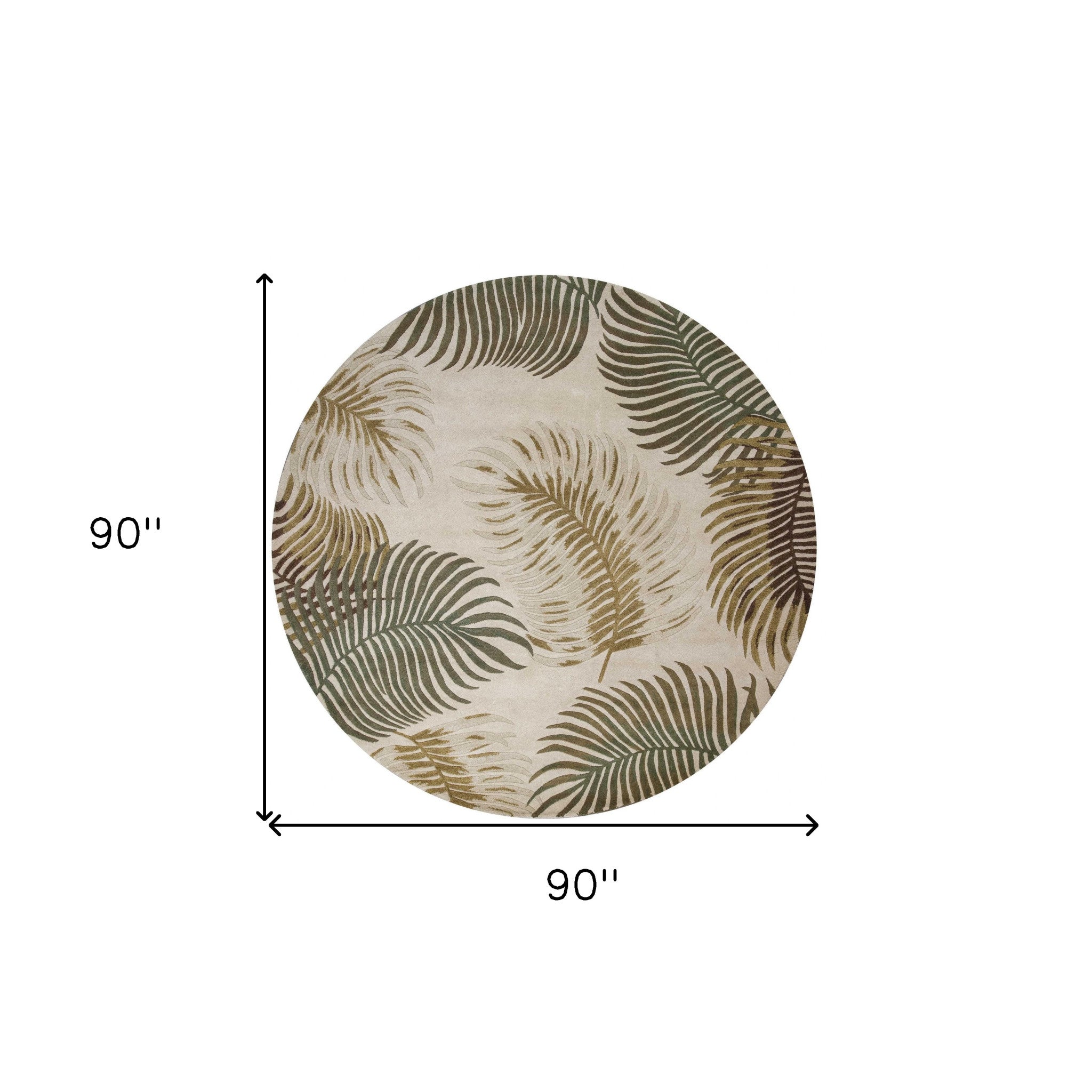 8' Beige Green And Brown Wool Botanical Leaves Hand Tufted Round Rug-Area Rugs-DECOROLALA