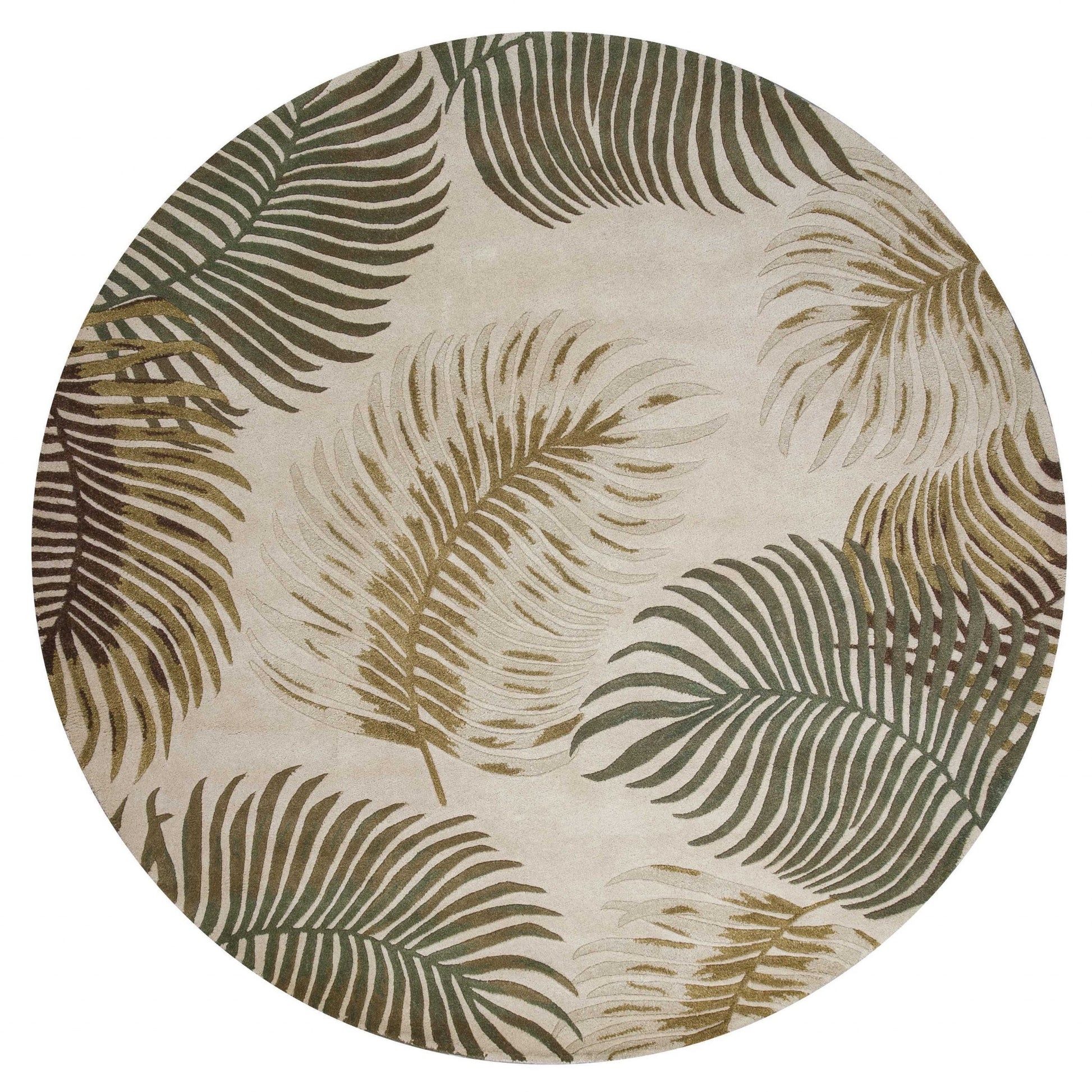 8' Beige Green And Brown Wool Botanical Leaves Hand Tufted Round Rug-Area Rugs-DECOROLALA