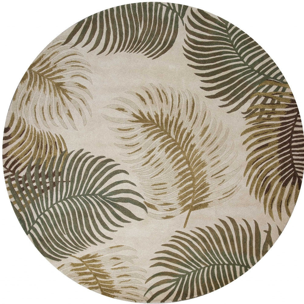 8' Beige Green And Brown Wool Botanical Leaves Hand Tufted Round Rug-Area Rugs-DECOROLALA