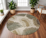 8' Beige Green And Brown Wool Botanical Leaves Hand Tufted Round Rug-Area Rugs-DECOROLALA