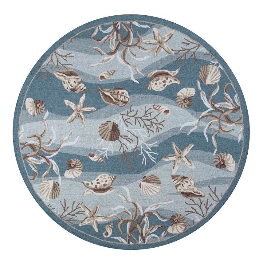 8' Beige Ivory And Brown Seashell and Coral Hand Tufted Round Rug-Area Rugs-DECOROLALA