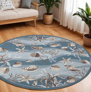 8' Beige Ivory And Brown Seashell and Coral Hand Tufted Round Rug-Area Rugs-DECOROLALA