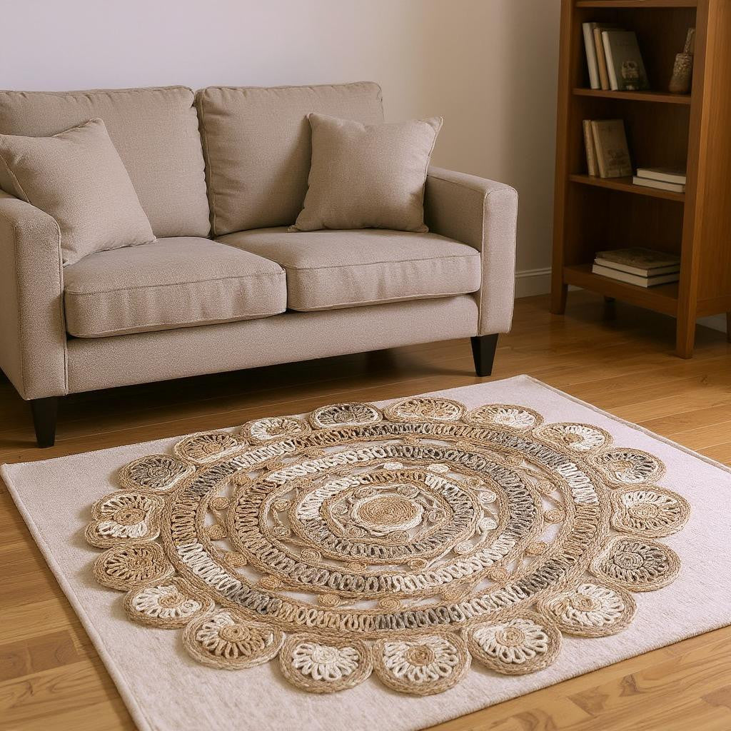 8' Beige Jute Hand Braided Round Rug-Area Rugs-DECOROLALA