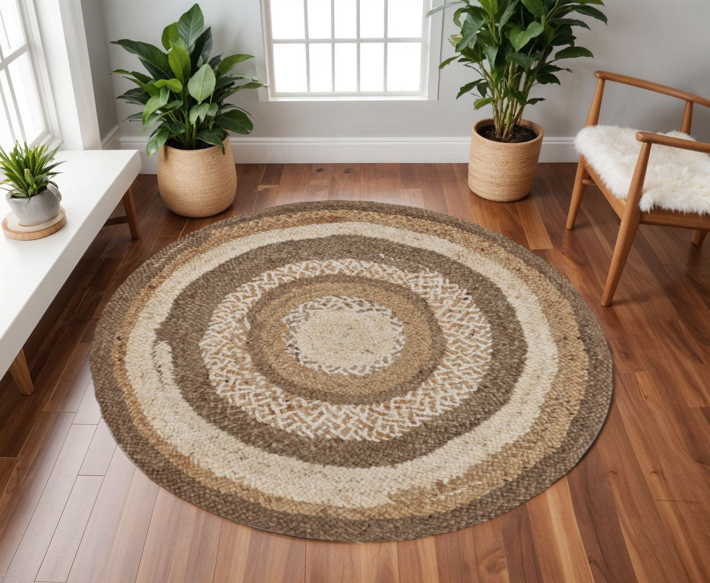 8' Beige Jute Hand Braided Round Rug-Area Rugs-DECOROLALA