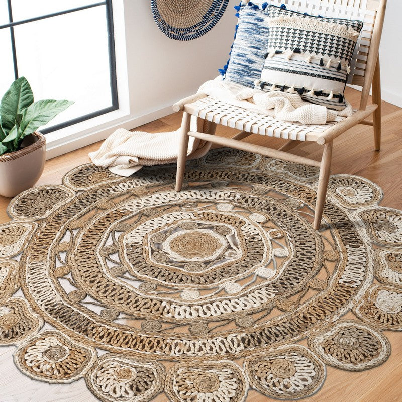 8' Beige Jute Hand Braided Round Rug-Area Rugs-DECOROLALA