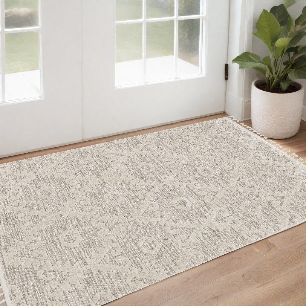 8' Beige and Ivory Geometric Runner Rug-Area Rugs-DECOROLALA