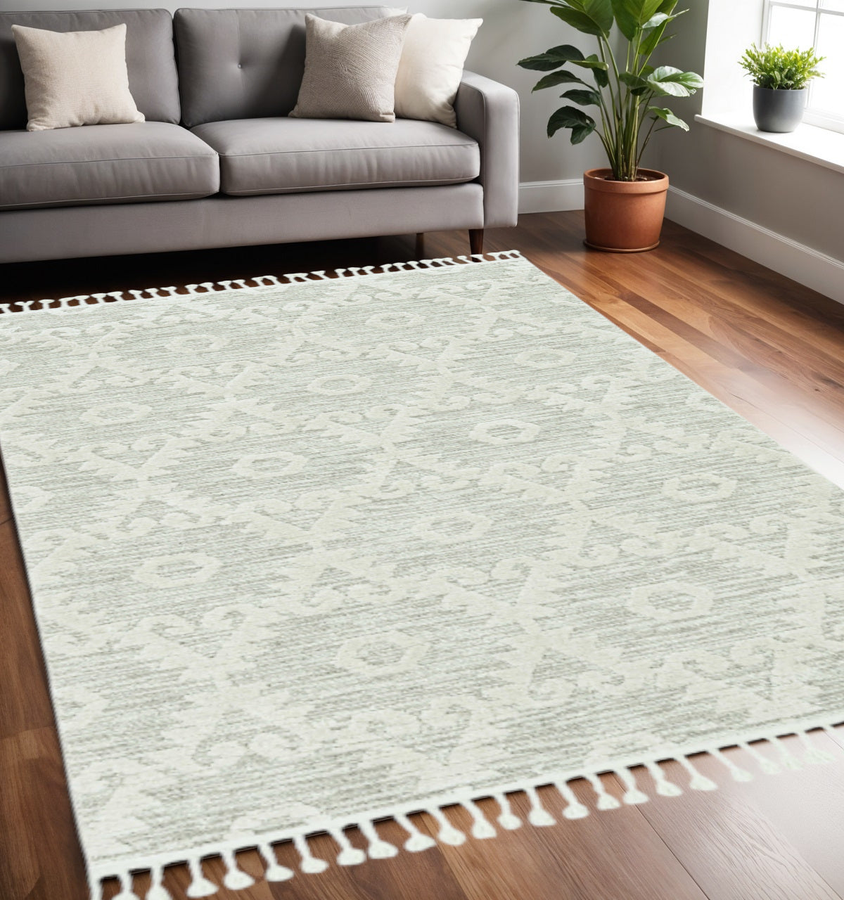 8' Beige and Ivory Geometric Runner Rug-Area Rugs-DECOROLALA