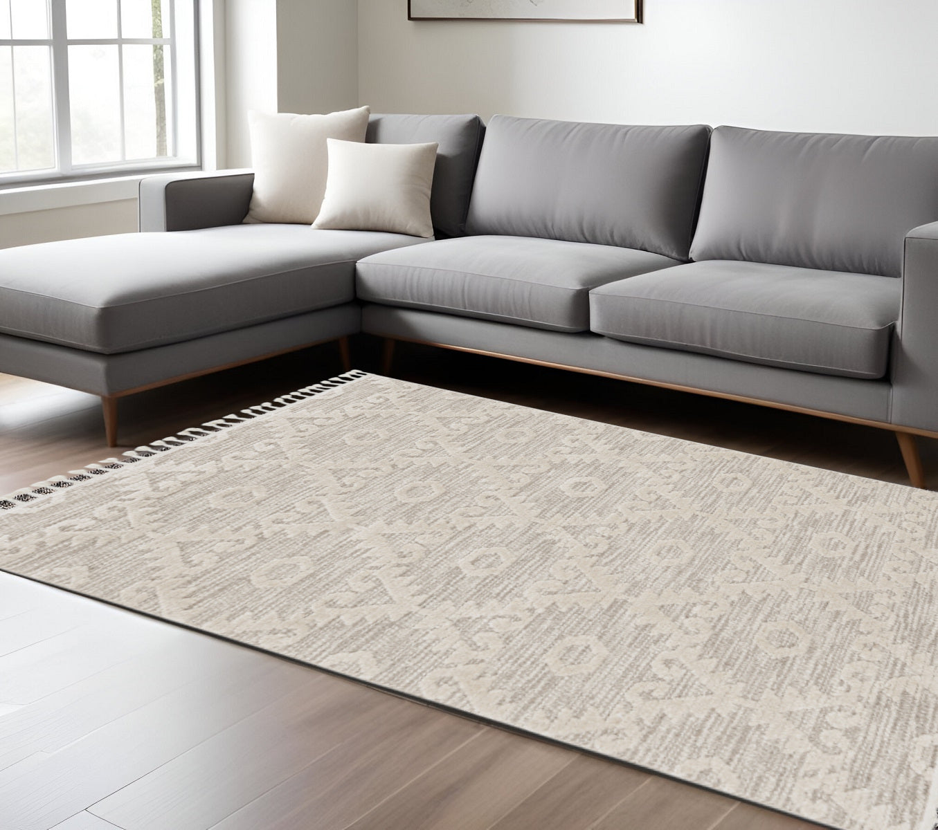 8' Beige and Ivory Geometric Runner Rug-Area Rugs-DECOROLALA