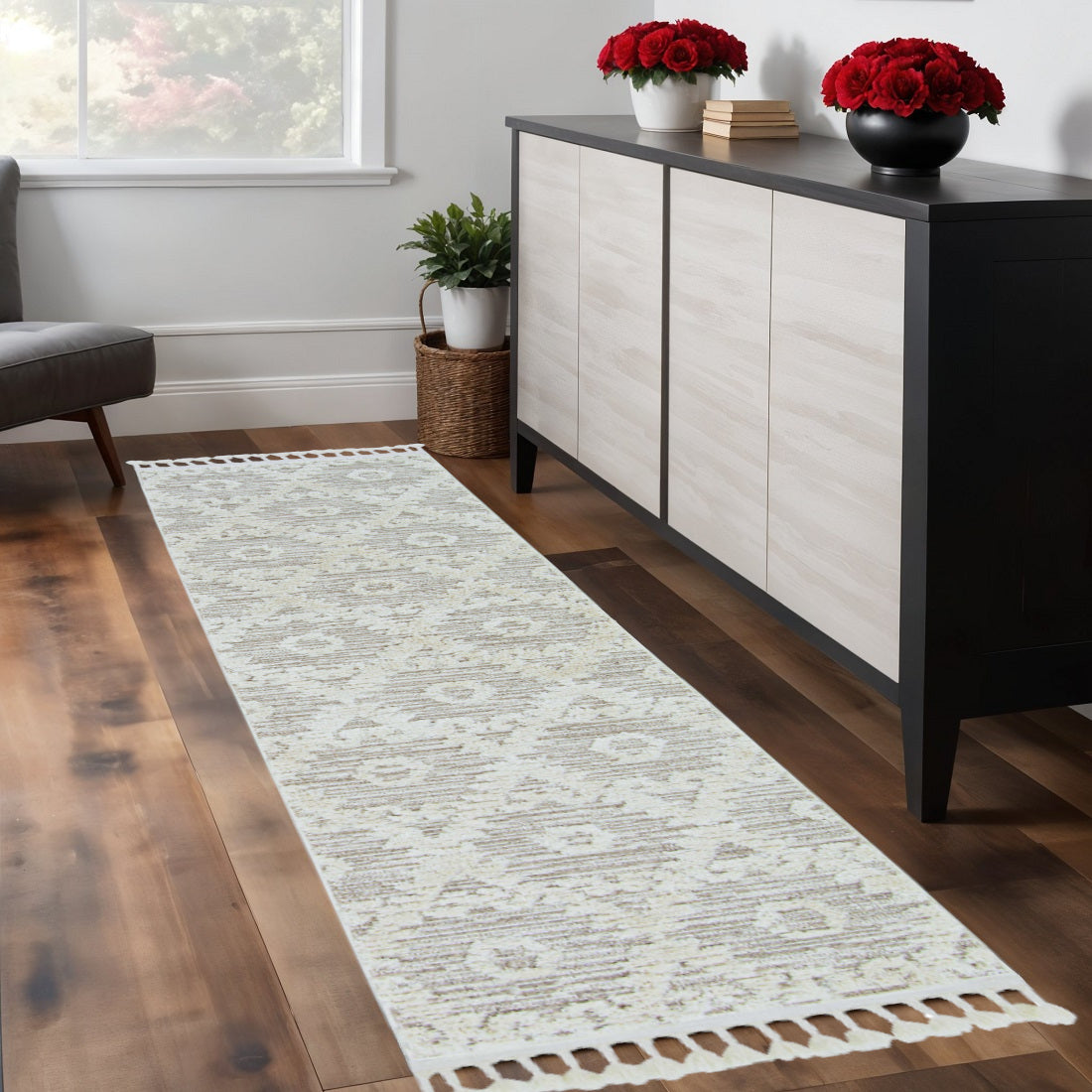 8' Beige and Ivory Geometric Runner Rug-Area Rugs-DECOROLALA
