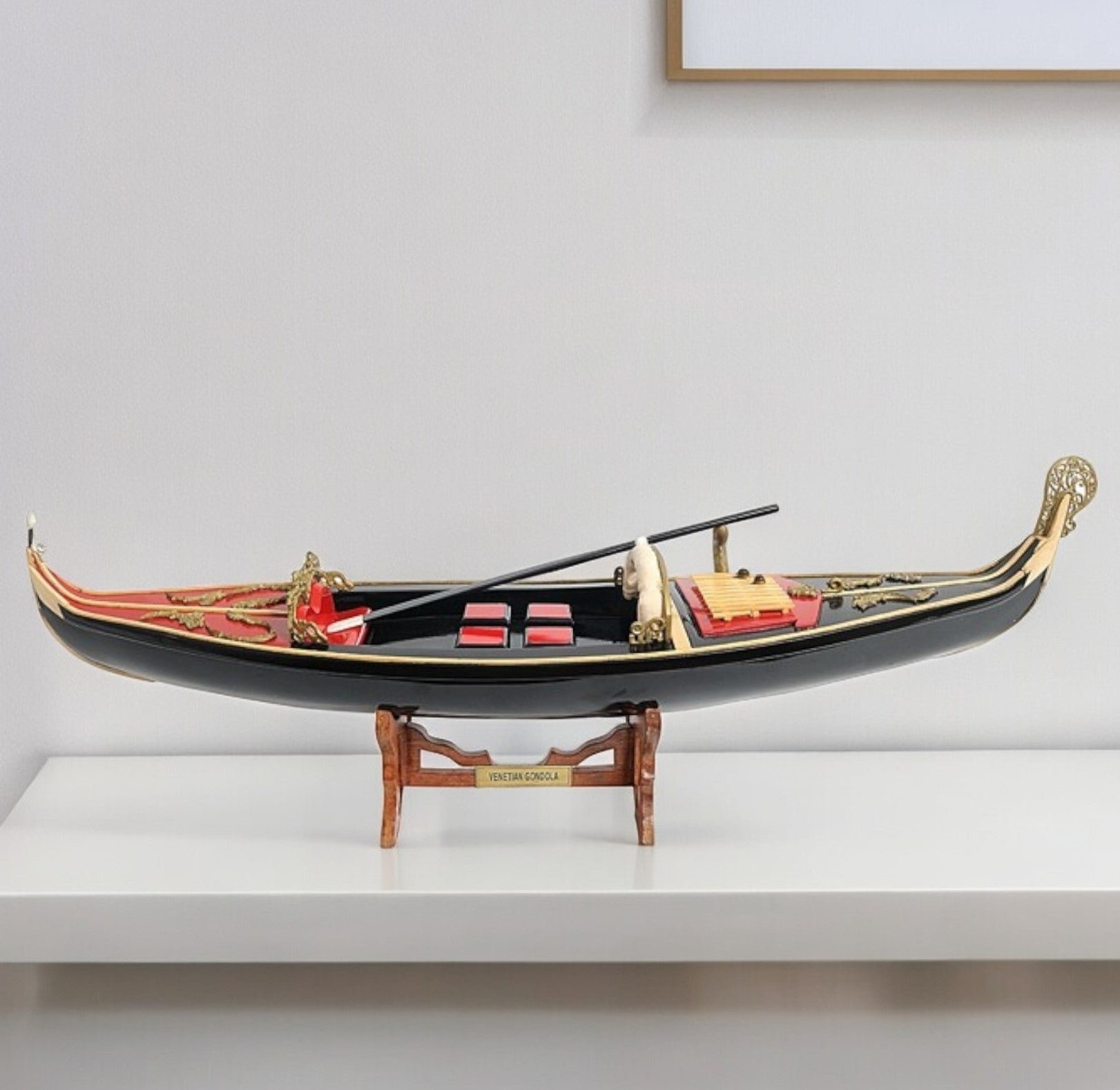 8" Black and Red Venetian Gondola Hand Painted Decorative Boat-Sculptures-DECOROLALA