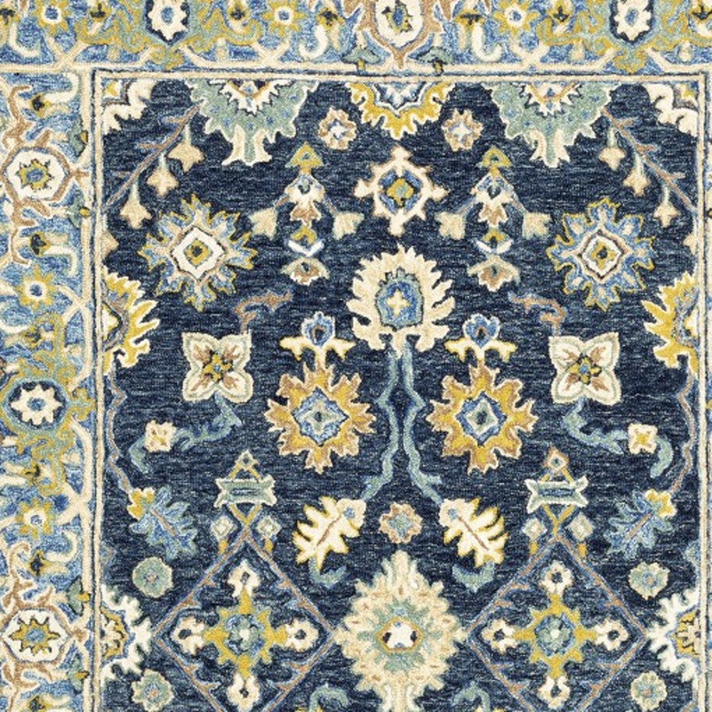 8' Blue And Gold Wool Hand Tufted Runner Rug-Area Rugs-DECOROLALA