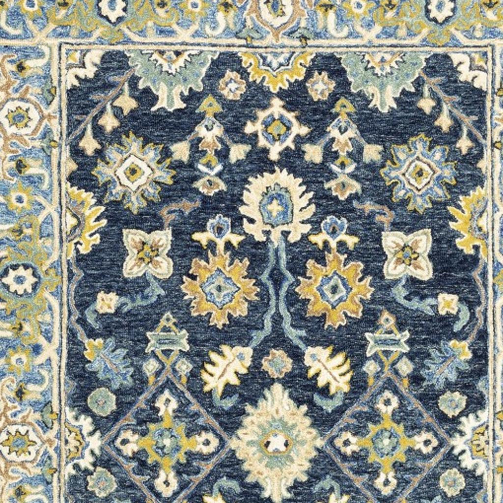 8' Blue And Gold Wool Hand Tufted Runner Rug-Area Rugs-DECOROLALA