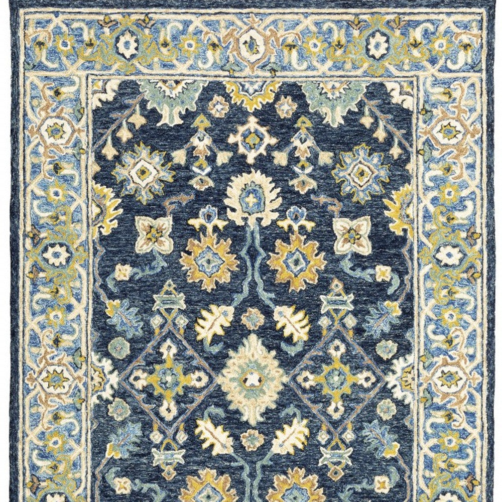 8' Blue And Gold Wool Hand Tufted Runner Rug-Area Rugs-DECOROLALA