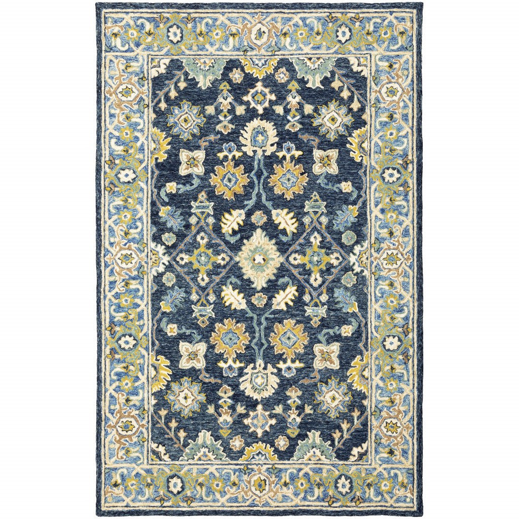 8' Blue And Gold Wool Hand Tufted Runner Rug-Area Rugs-DECOROLALA